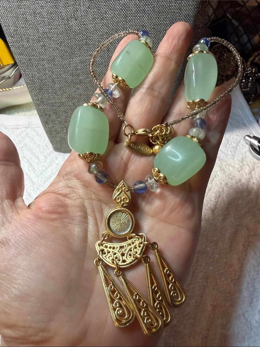 George Gold-Tone Filigree Pendant Necklace with Mint Green and Blue Glass Beads